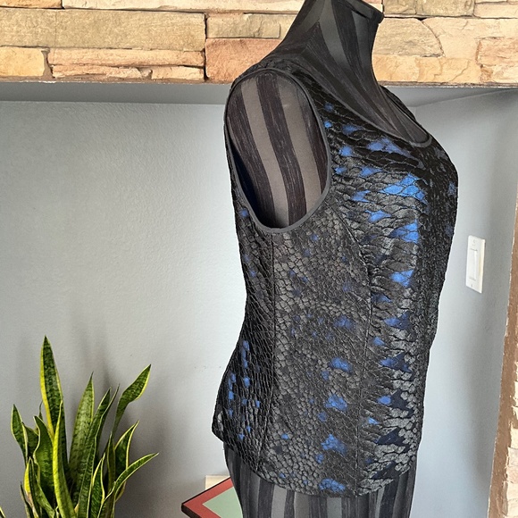 Carlisle Sheer Lace Silk Event Party Top Holiday Elegant Cobalt Blue Black 8 - Picture 3 of 11